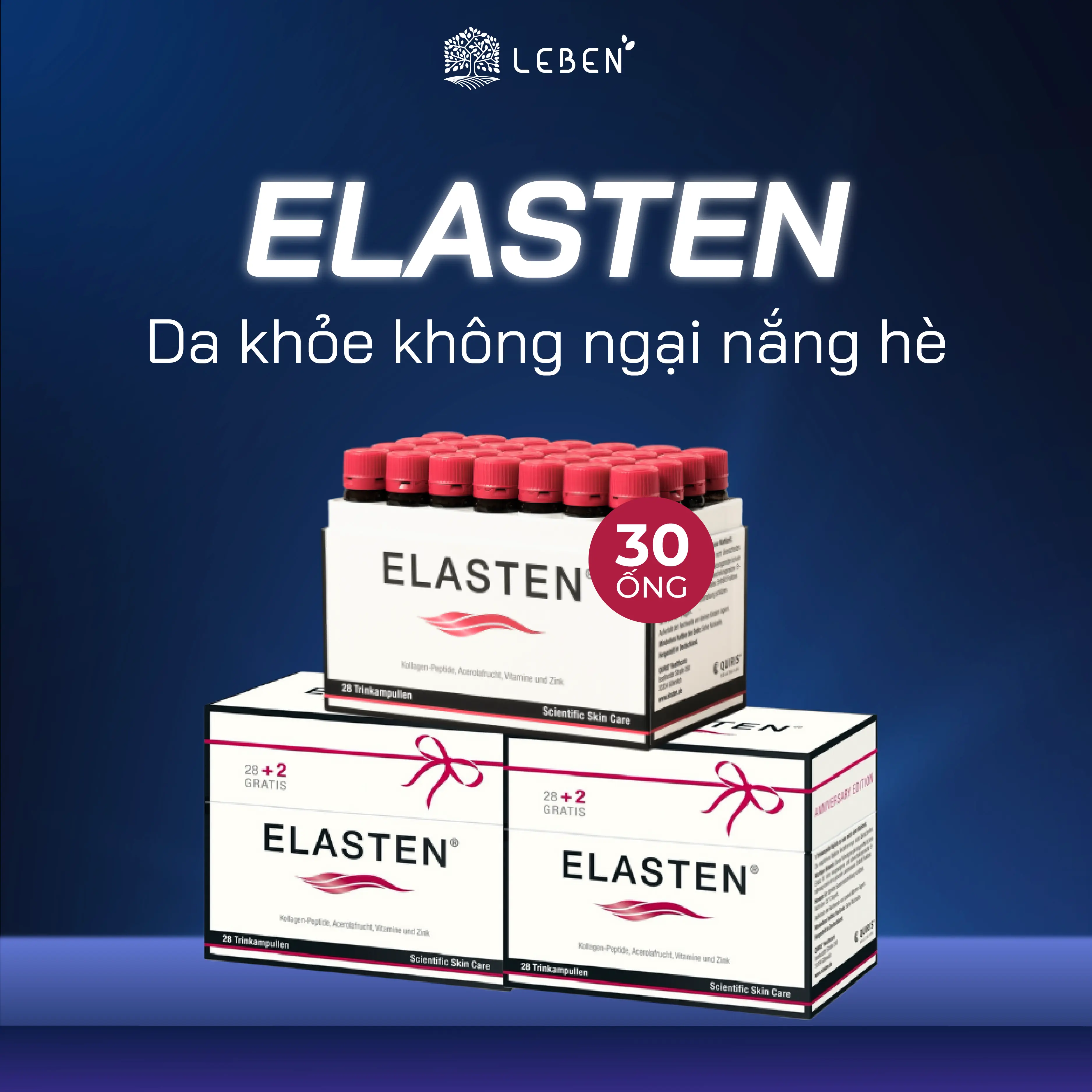 3 Hộp Collagen Elasten Giúp Da Căng Mịn, Chống Lão Hóa, Hỗ Trợ Cho Tóc Chắc Khỏe 3x30 ống 25ml